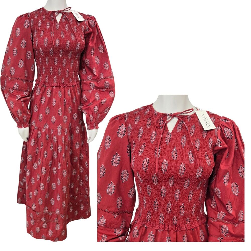 Sonmer Camila XXS Burgundy Midi Dress Cotton Puff sleeve Smocked Prairie Cottage